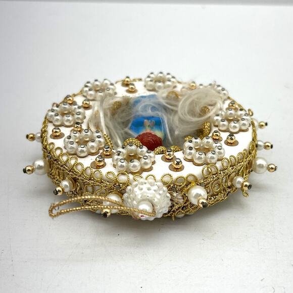 Vintage Handmade Angel Diorama Ornament Beaded Faux Pearls Gold Push Pin - Picture 6 of 9